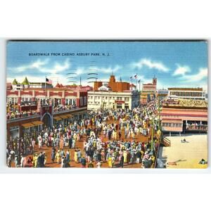 Boardwalk From Casino Building Postcard Asbury Park New Jersey Beach Town 1938
